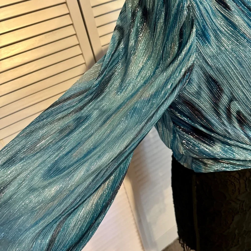 Ramy Brook Metallic Blue Wrap Blouse w/ Tie Waist - Picture 5 of 8